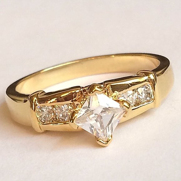 Cubic Zirconia Solitaire Engagement Ring Size 11 Gold Plated Deco Vintage Style - Picture 1 of 12